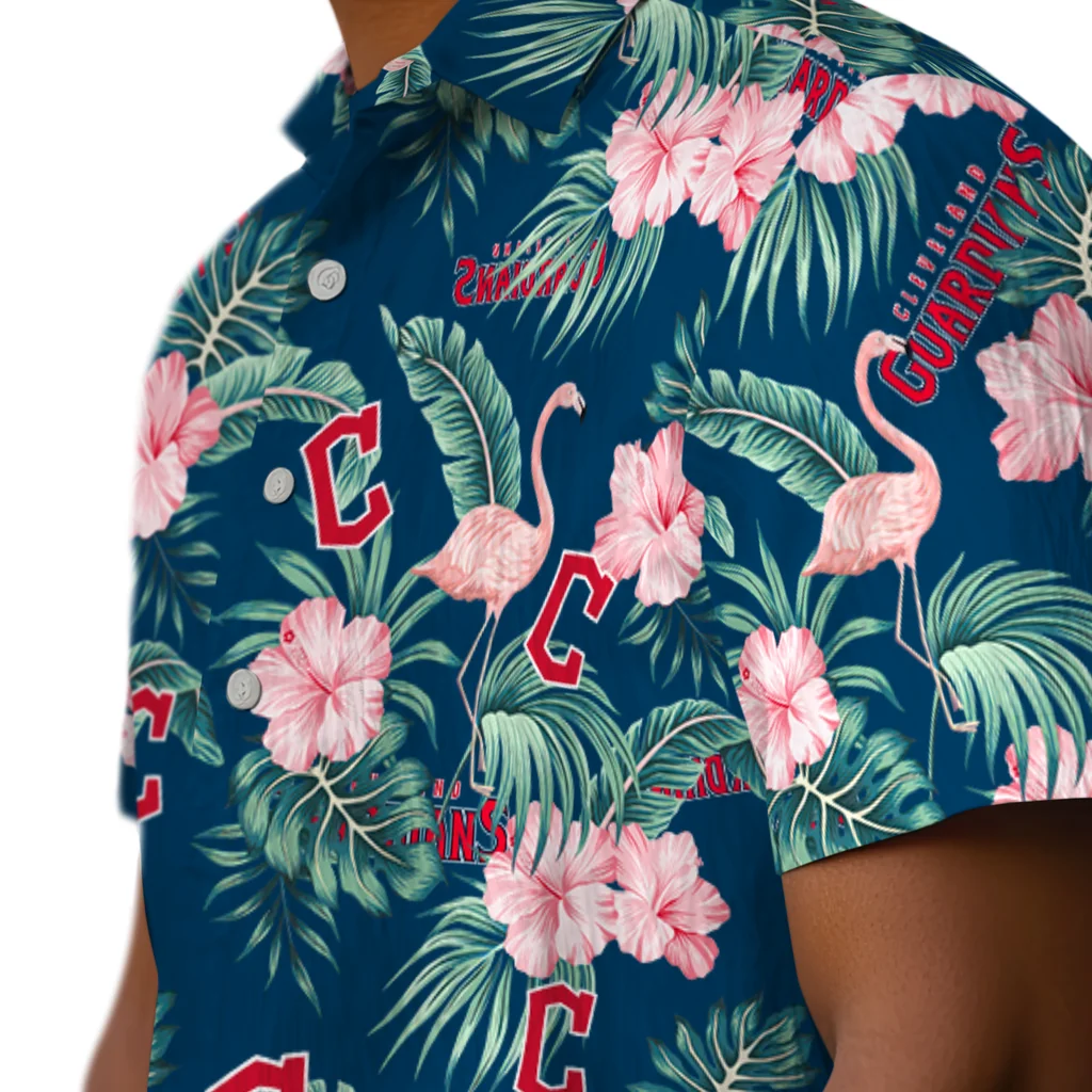 Cleveland Guardians Hawaiian Shirt - Flamingo and Hibiscus cleveland guardians flamingo palms navy blue hawaiian shirts trendy