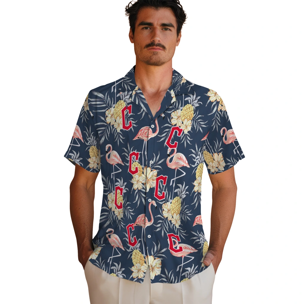 Cleveland Guardians Hawaiian Shirt - Flamingo Hibiscus cleveland guardians flamingo hibiscus navy hawaiian shirts fashion forward