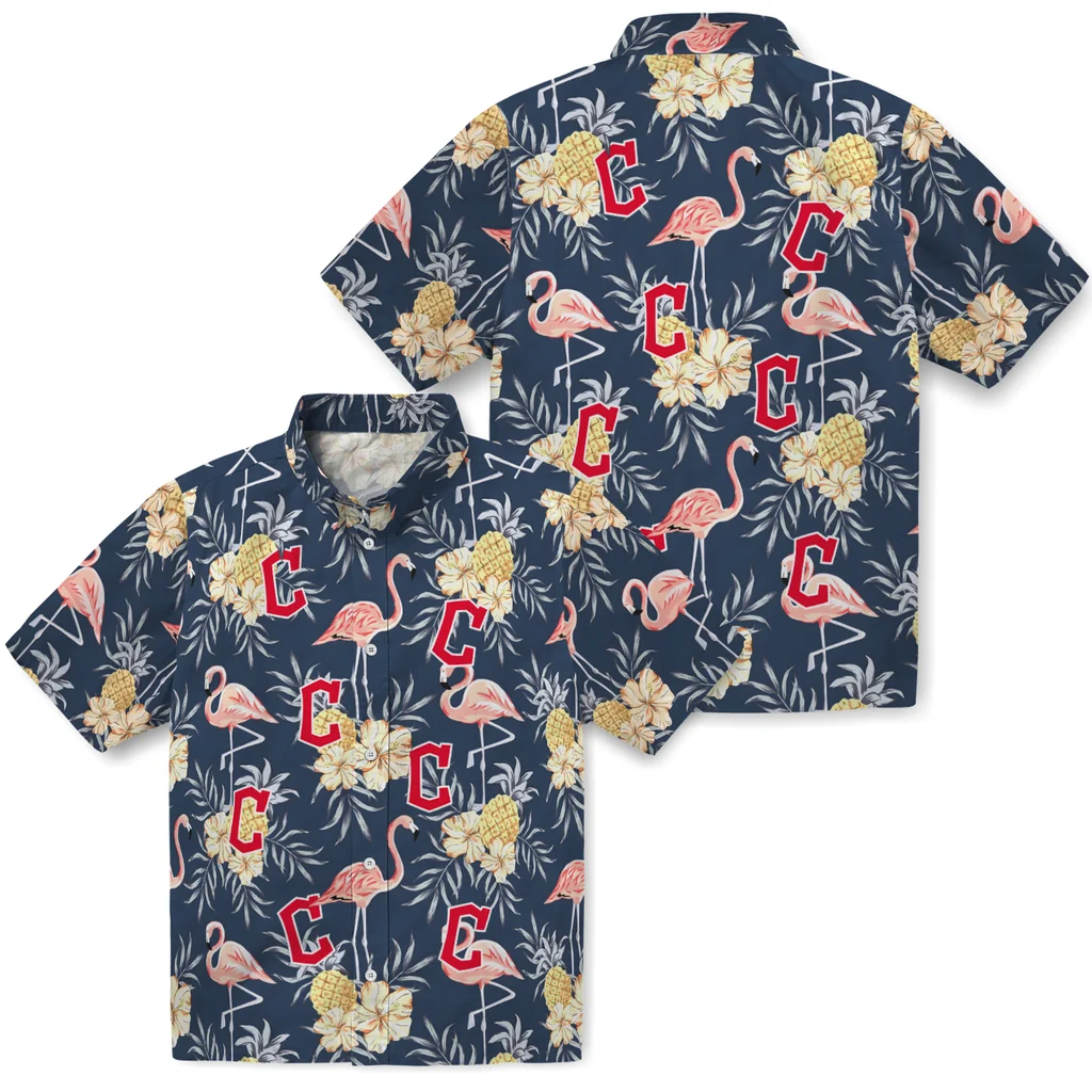 Cleveland Guardians Hawaiian Shirt - Flamingo Hibiscus cleveland guardians flamingo hibiscus navy hawaiian shirts high quality
