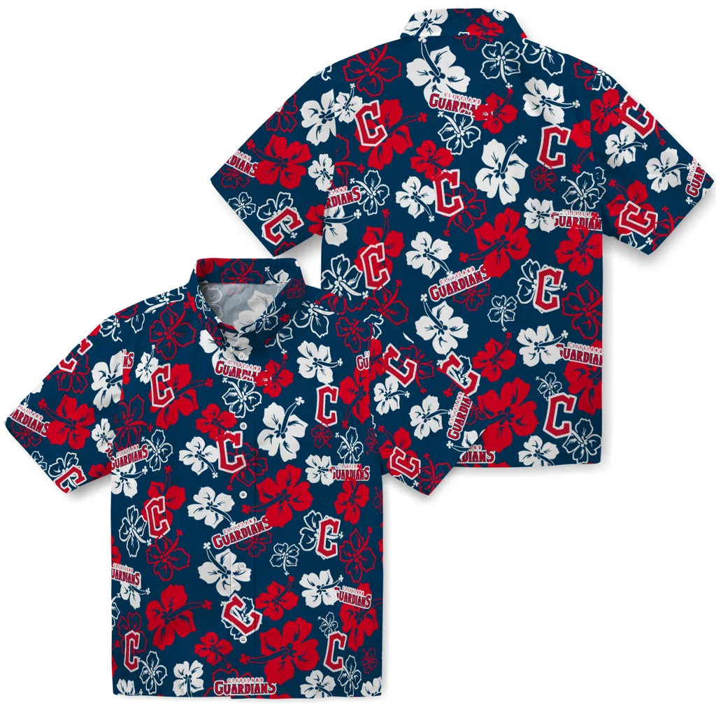 Cleveland Guardians Hawaiian Shirt - Hibiscus Flower Design cleveland guardians hibiscus bloom navy blue hawaiian shirts high quality