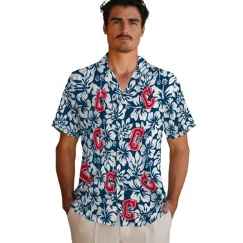 cleveland guardians hibiscus motif navy blue white hawaiian shirts fashion forward