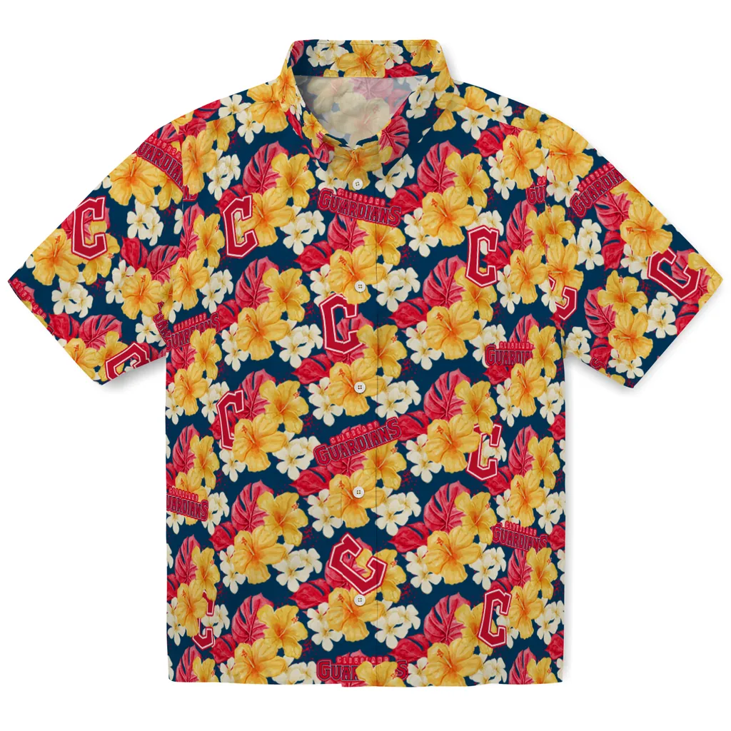 Cleveland Guardians Hawaiian Shirt - Hibiscus Tropics cleveland guardians hibiscus tropics navy blue yellow hawaiian shirts best selling