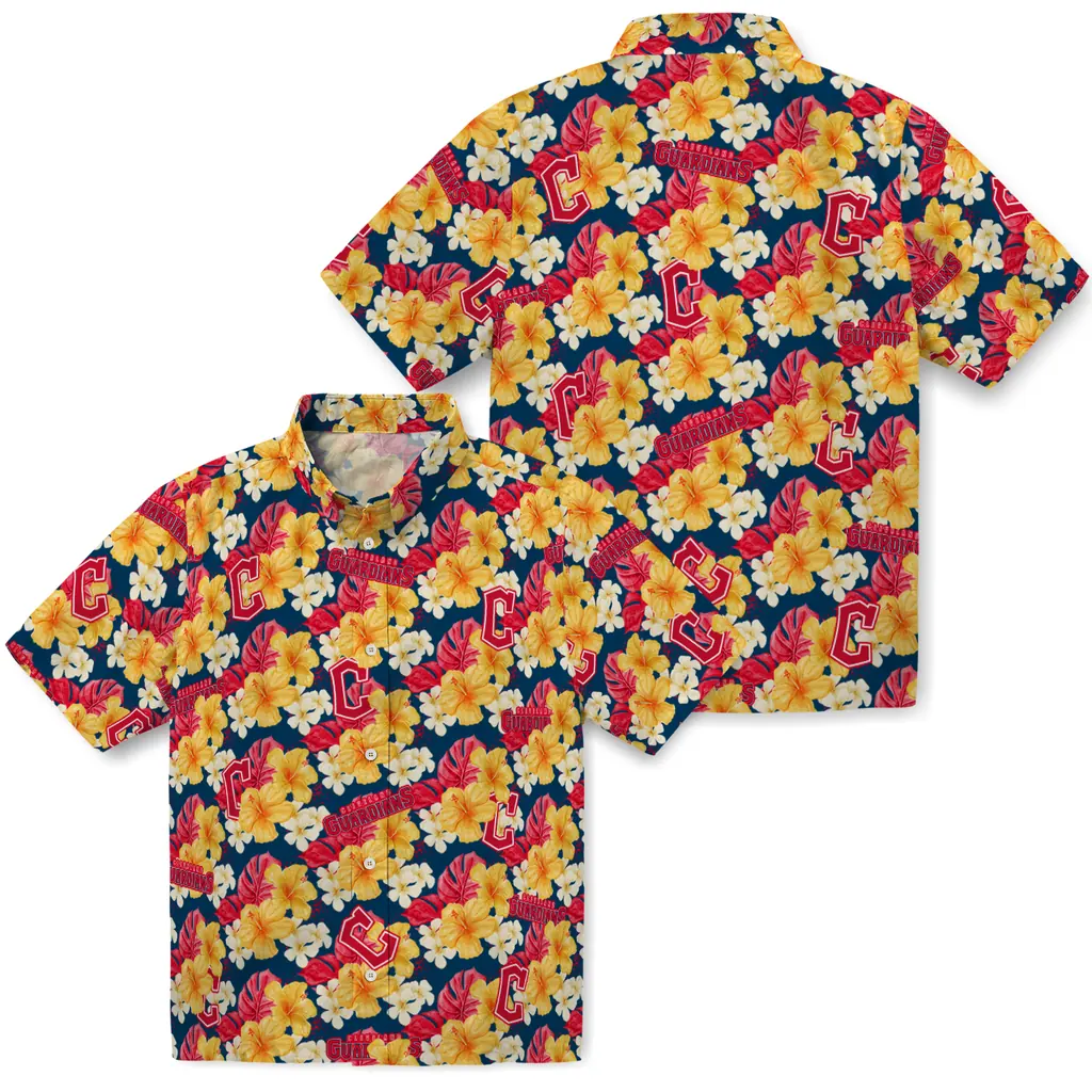 Cleveland Guardians Hawaiian Shirt - Hibiscus Tropics cleveland guardians hibiscus tropics navy blue yellow hawaiian shirts high quality