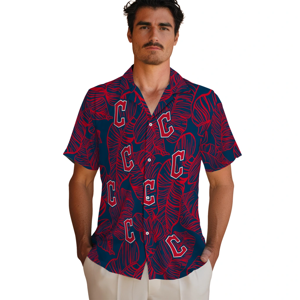 Cleveland Guardians Hawaiian Shirt - Leaf Outline cleveland guardians leaf outline navy blue hawaiian shirts fashion forward