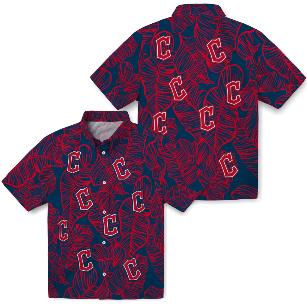Cleveland Guardians Hawaiian Shirt - Leaf Outline cleveland guardians leaf outline navy blue hawaiian shirts high quality