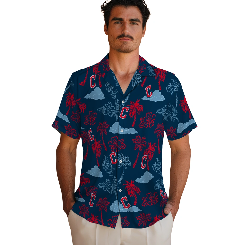 Cleveland Guardians Hawaiian Shirt - Palm And Clouds cleveland guardians palm and clouds navy blue hawaiian shirts fashion forward