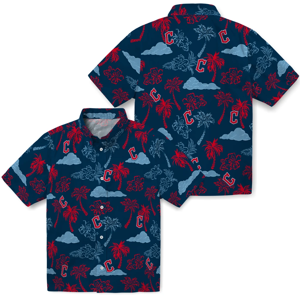 Cleveland Guardians Hawaiian Shirt - Palm And Clouds cleveland guardians palm and clouds navy blue hawaiian shirts high quality