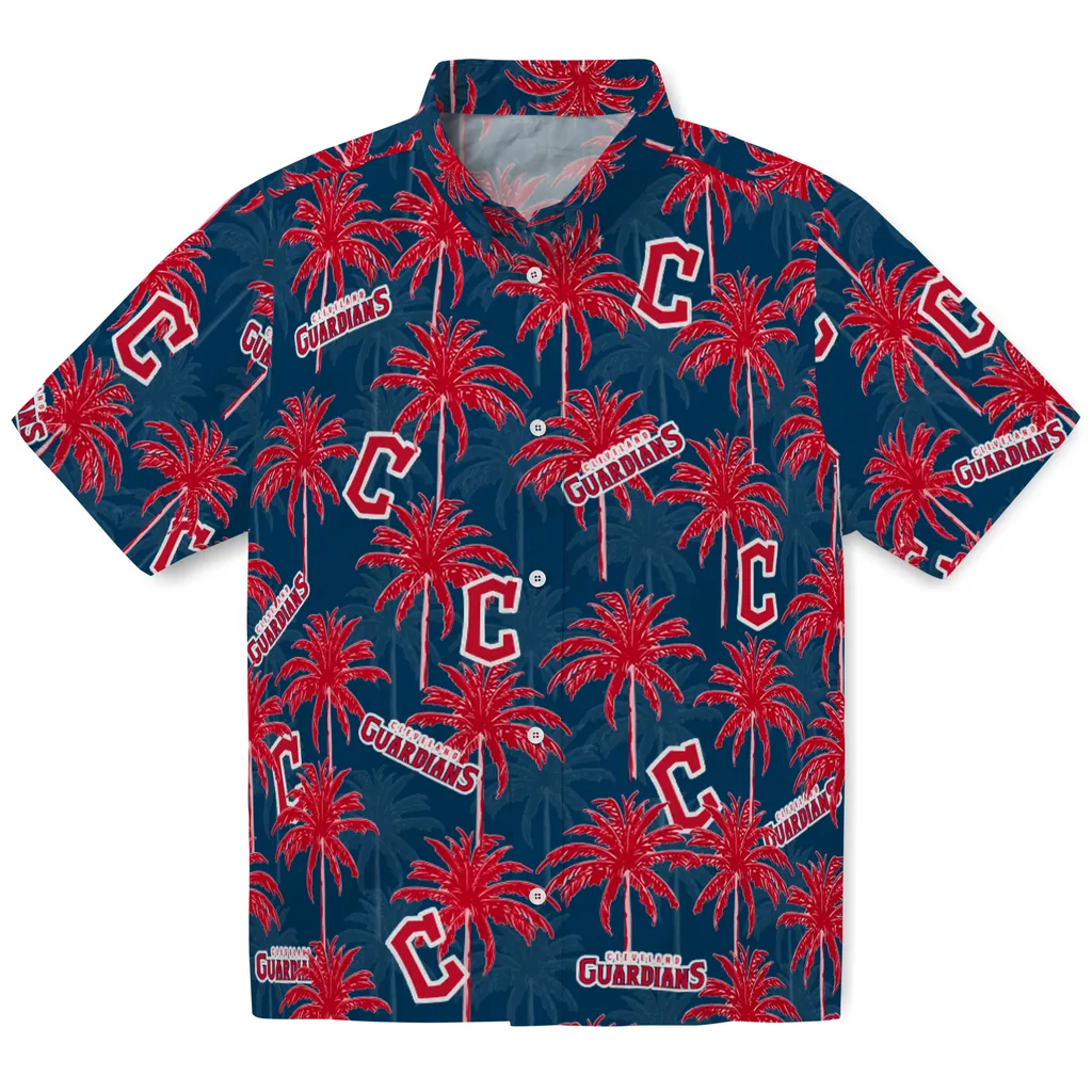 Cleveland Guardians Hawaiian Shirt - Palm Tree Motif cleveland guardians palm grove navy blue hawaiian shirts best selling