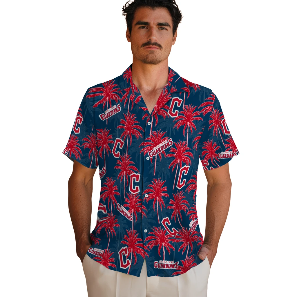 Cleveland Guardians Hawaiian Shirt - Palm Tree Motif cleveland guardians palm grove navy blue hawaiian shirts fashion forward