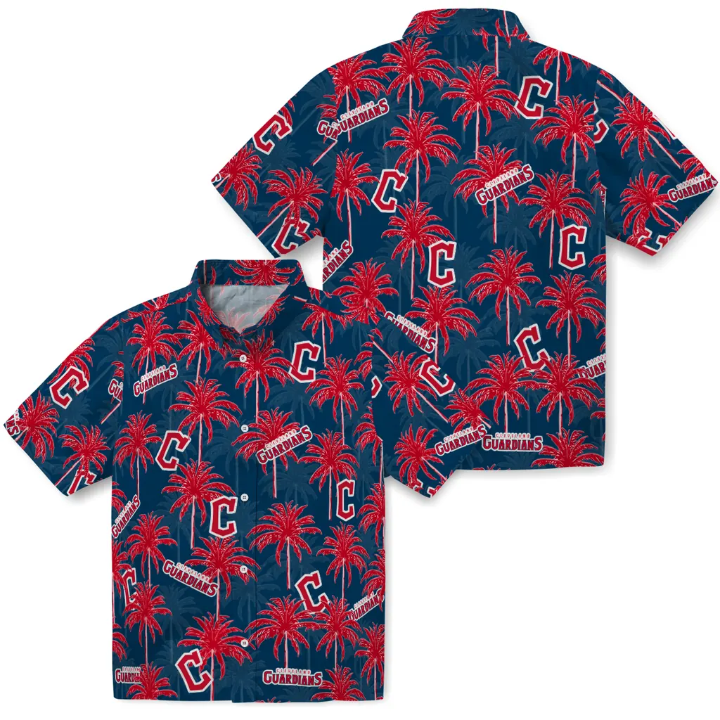 Cleveland Guardians Hawaiian Shirt - Palm Tree Motif cleveland guardians palm grove navy blue hawaiian shirts high quality