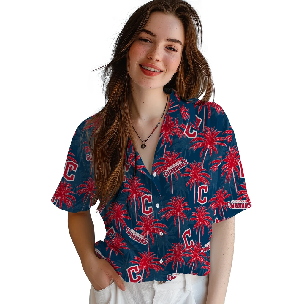 Cleveland Guardians Hawaiian Shirt - Palm Tree Motif cleveland guardians palm grove navy blue hawaiian shirts latest model