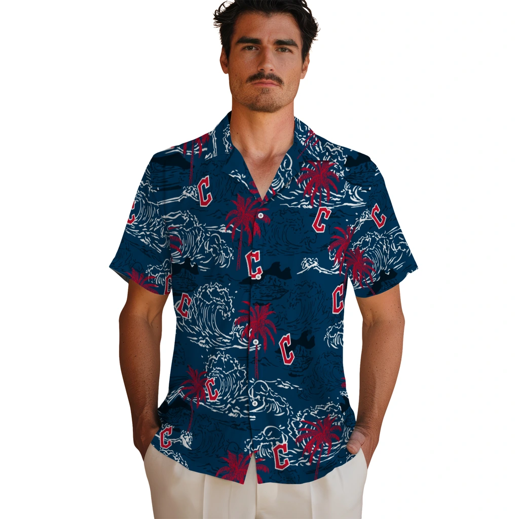 Cleveland Guardians Hawaiian Shirt - Wave Palm cleveland guardians wave palm navy blue hawaiian shirts fashion forward