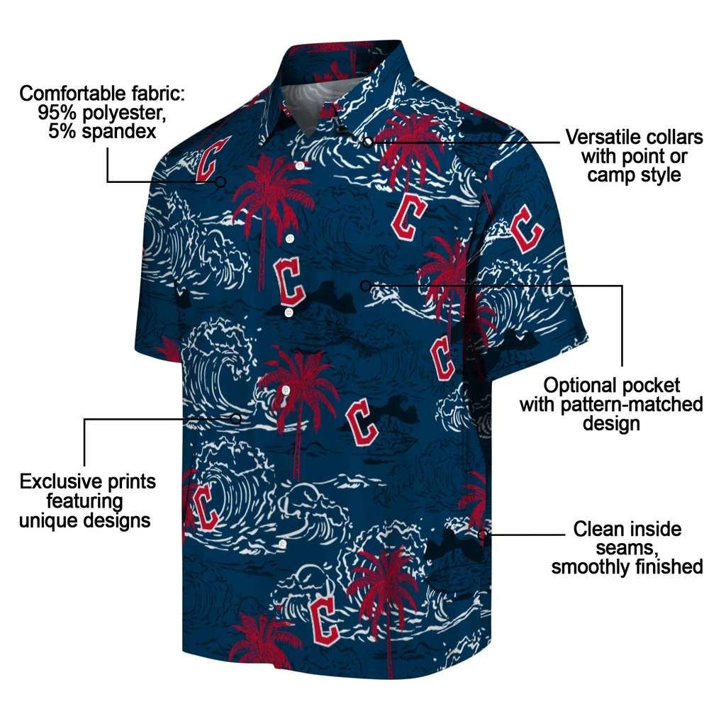 Cleveland Guardians Hawaiian Shirt - Wave Palm cleveland guardians wave palm navy blue hawaiian shirts new arrival