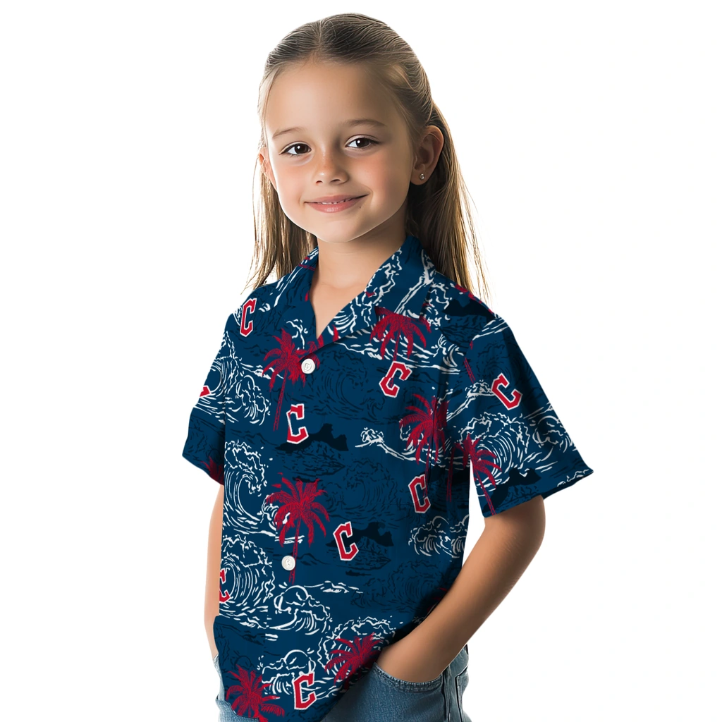Cleveland Guardians Hawaiian Shirt - Wave Palm cleveland guardians wave palm navy blue hawaiian shirts premium grade