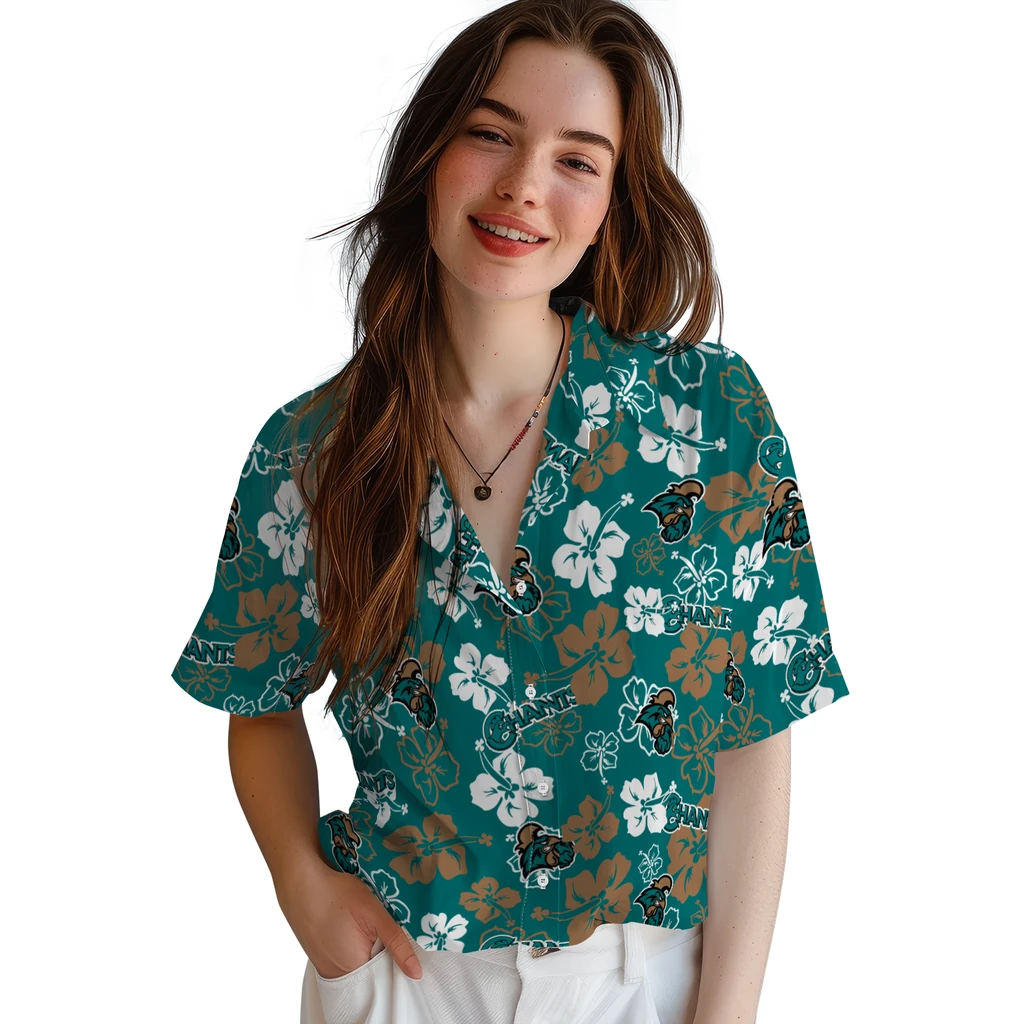 Coastal Carolina Chanticleers Hawaiian Shirt - Hibiscus Flower Design coastal carolina chanticleers hibiscus bloom green hawaiian shirts latest model