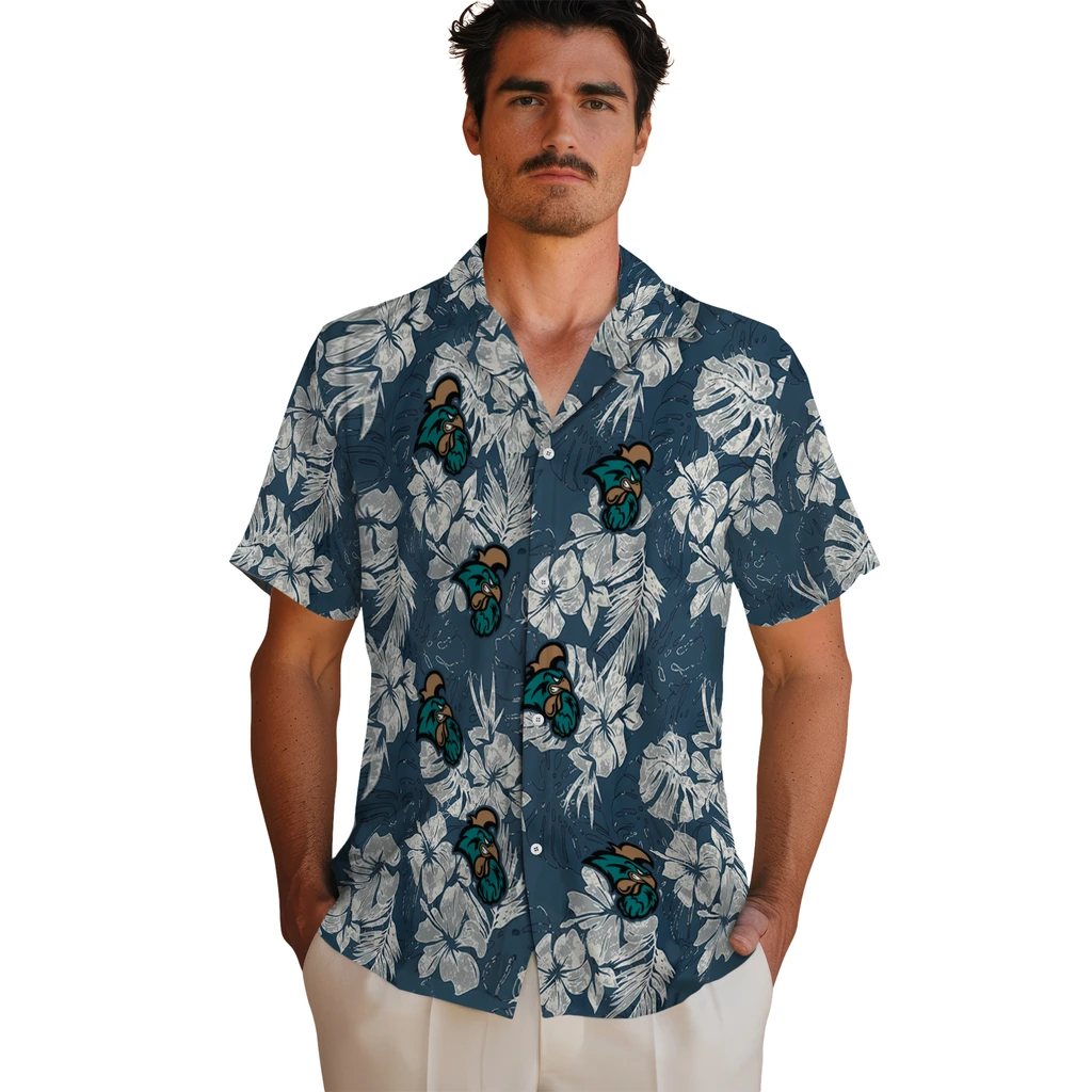 Coastal Carolina Chanticleers Hawaiian Shirt - Hibiscus Flowers coastal carolina chanticleers hibiscus flowers navy blue hawaiian shirts fashion forward