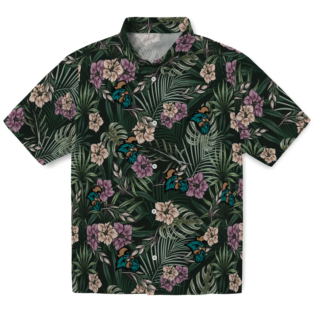 Coastal Carolina Chanticleers Hawaiian Shirt - Hibiscus Leaves Pattern coastal carolina chanticleers hibiscus leaves pattern green hawaiian shirts best selling