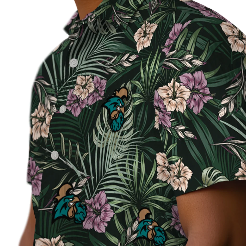 Coastal Carolina Chanticleers Hawaiian Shirt - Hibiscus Leaves Pattern coastal carolina chanticleers hibiscus leaves pattern green hawaiian shirts trendy