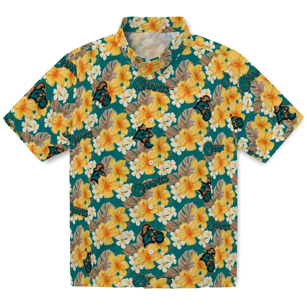 Coastal Carolina Chanticleers Hawaiian Shirt - Hibiscus Tropics coastal carolina chanticleers hibiscus tropics green yellow hawaiian shirts best selling