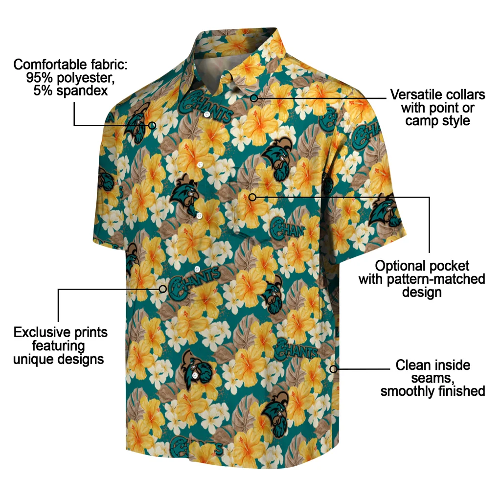Coastal Carolina Chanticleers Hawaiian Shirt - Hibiscus Tropics coastal carolina chanticleers hibiscus tropics green yellow hawaiian shirts new arrival
