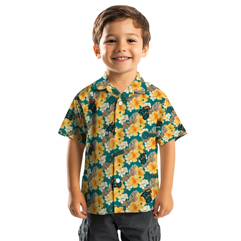 Coastal Carolina Chanticleers Hawaiian Shirt - Hibiscus Tropics coastal carolina chanticleers hibiscus tropics green yellow hawaiian shirts top rated