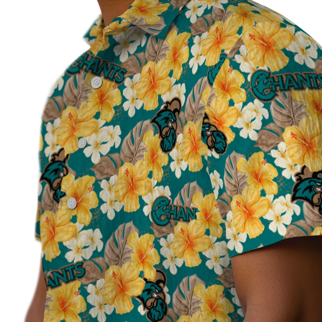 Coastal Carolina Chanticleers Hawaiian Shirt - Hibiscus Tropics coastal carolina chanticleers hibiscus tropics green yellow hawaiian shirts trendy
