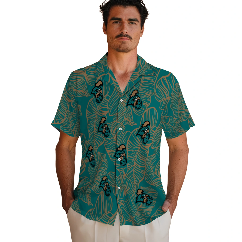 Coastal Carolina Chanticleers Hawaiian Shirt - Leaf Outline coastal carolina chanticleers leaf outline green hawaiian shirts fashion forward