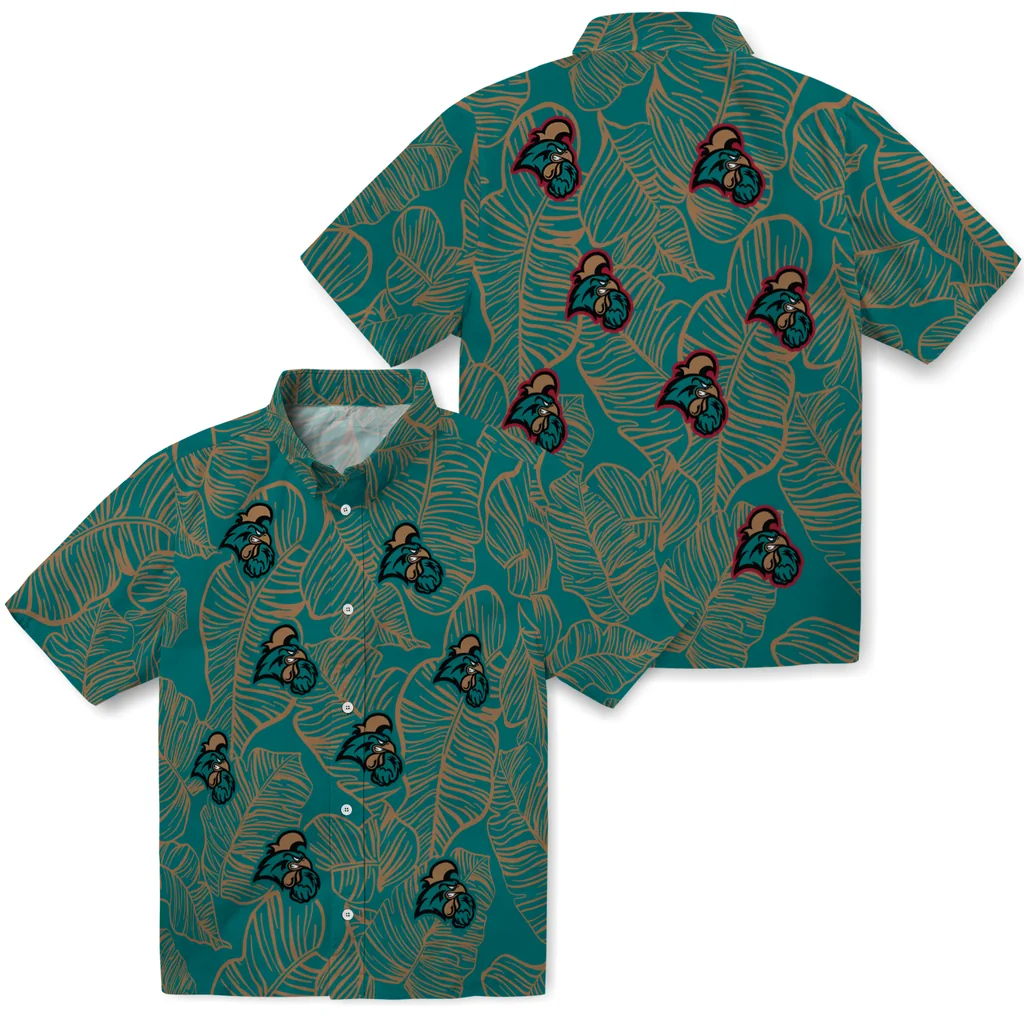 Coastal Carolina Chanticleers Hawaiian Shirt - Leaf Outline coastal carolina chanticleers leaf outline green hawaiian shirts high quality