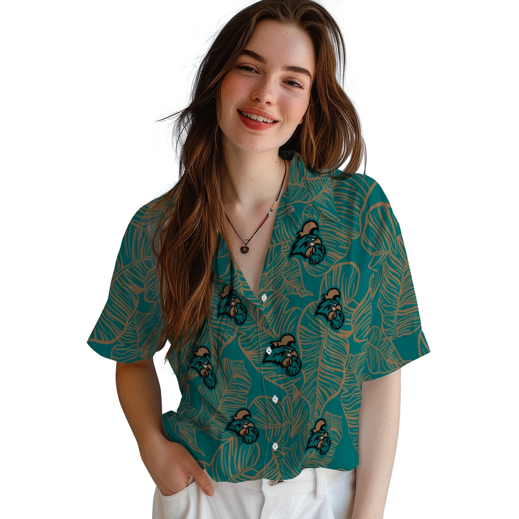 Coastal Carolina Chanticleers Hawaiian Shirt - Leaf Outline coastal carolina chanticleers leaf outline green hawaiian shirts latest model