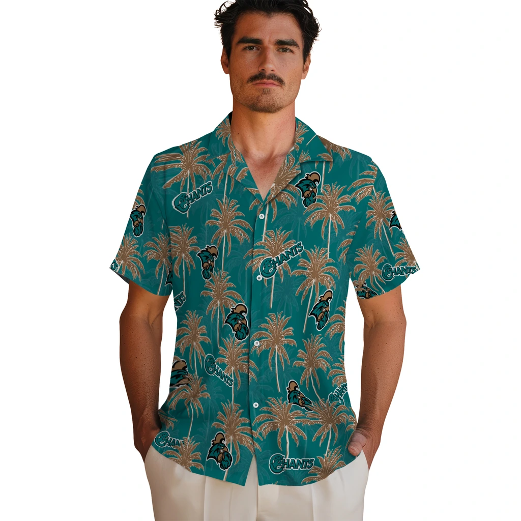 Coastal Carolina Chanticleers Hawaiian Shirt - Palm Tree Motif coastal carolina chanticleers palm grove green hawaiian shirts fashion forward