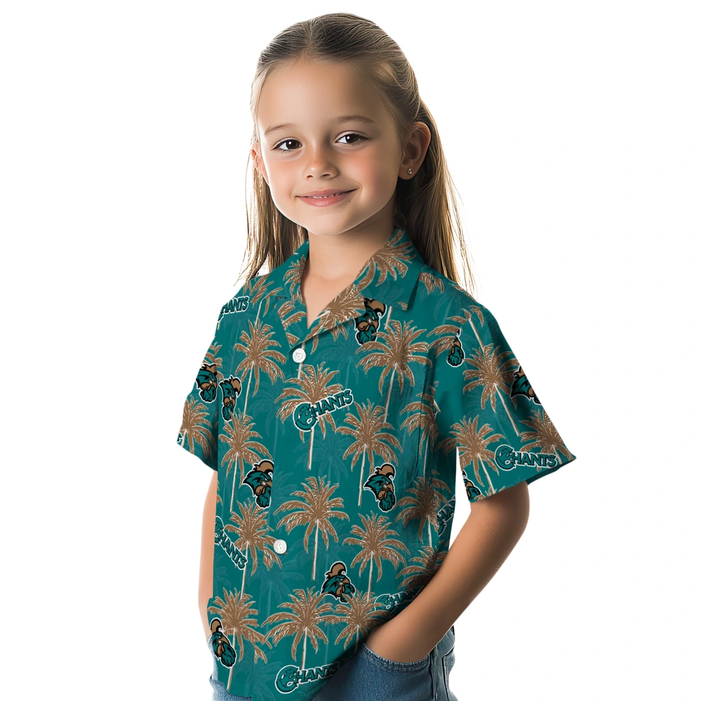 Coastal Carolina Chanticleers Hawaiian Shirt - Palm Tree Motif coastal carolina chanticleers palm grove green hawaiian shirts premium grade