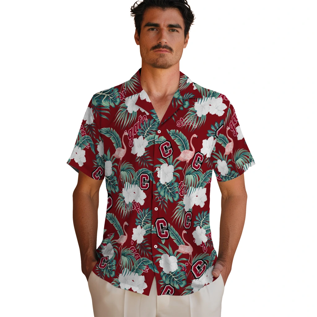 Colgate Raiders Hawaiian Shirt - Flamingo and Hibiscus colgate raiders flamingo palms maroon hawaiian shirts fashion forward