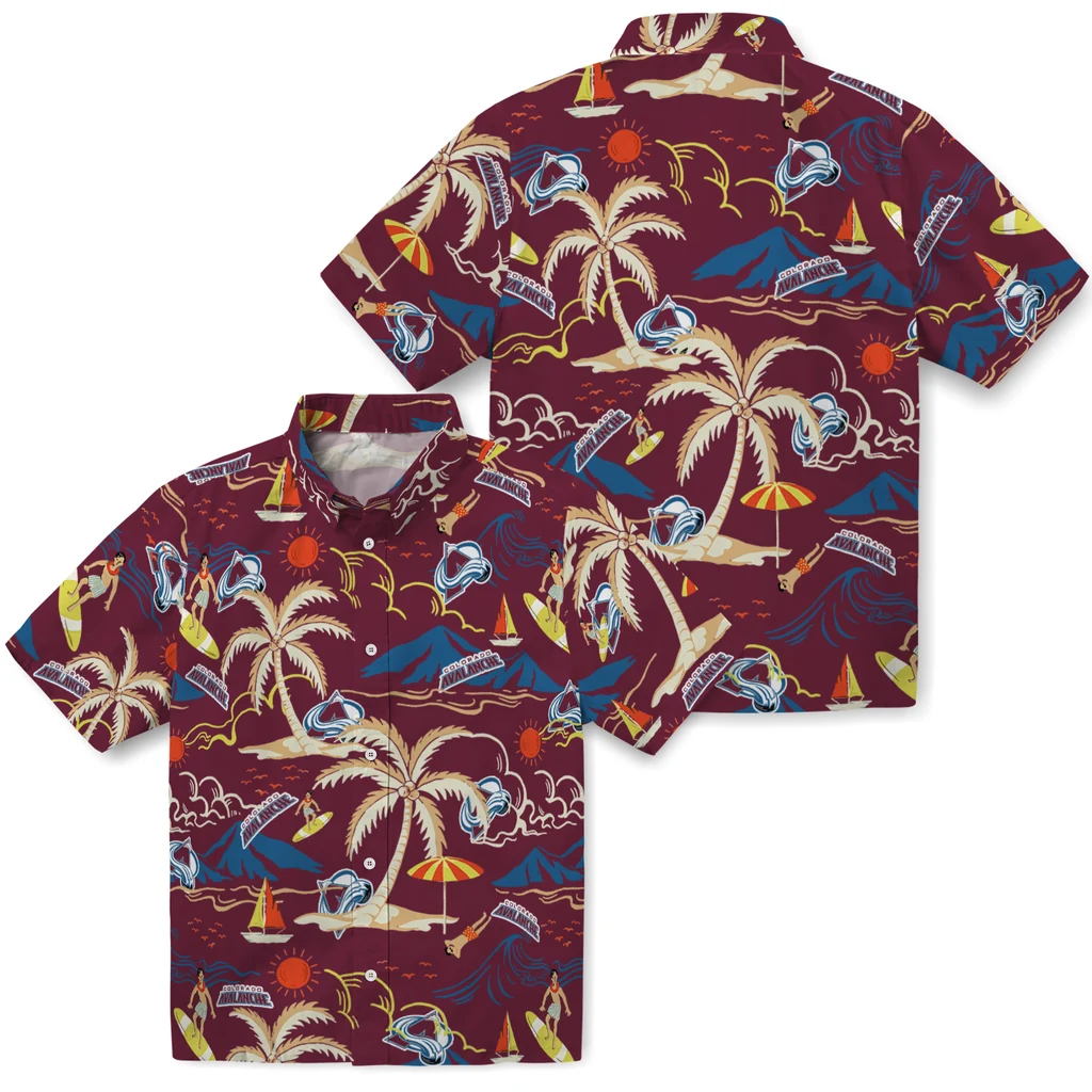 Colorado Avalanche Hawaiian Shirt - Palm Tree Island colorado avalanche palm tree island burgundy hawaiian shirts high quality