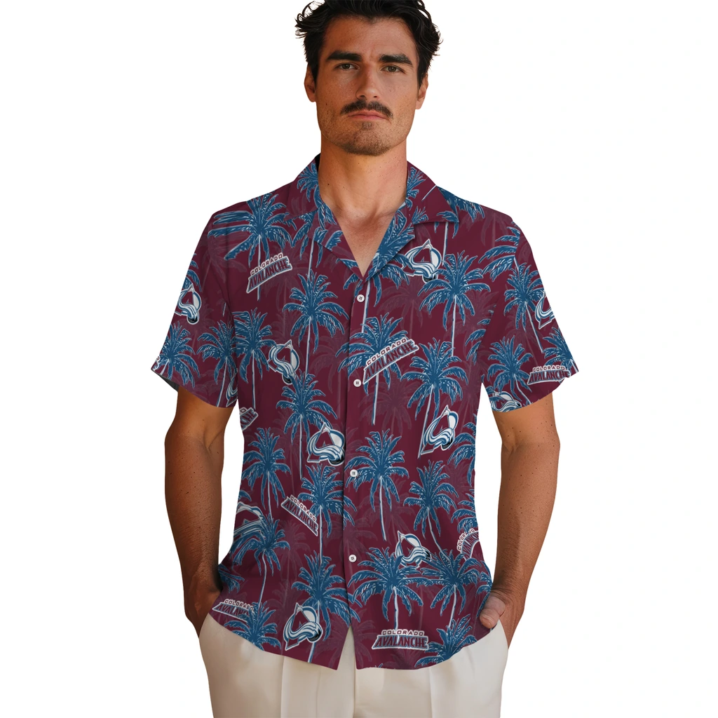 Colorado Avalanche Hawaiian Shirt - Palm Tree Motif colorado avalanche palm grove burgundy hawaiian shirts fashion forward