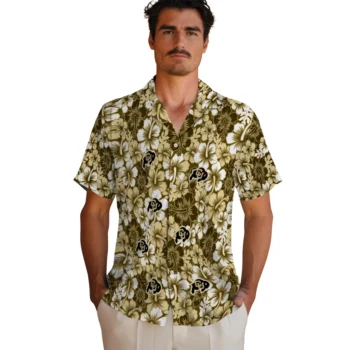 colorado buffaloes hibiscus blooms gold hawaiian shirts fashion forward