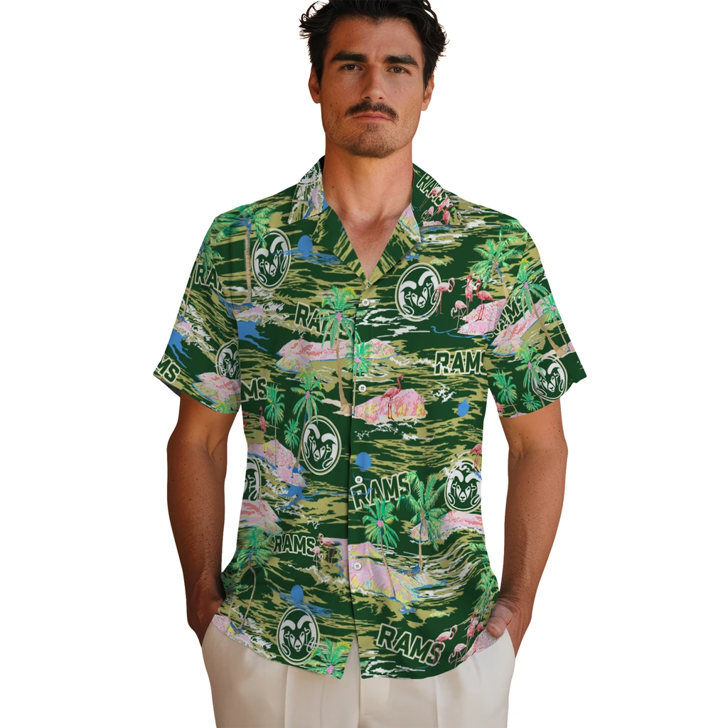 Colorado State Rams Hawaiian Shirt - Hawaii Island colorado state rams flamingo retreat green hawaiian shirts fashion forward