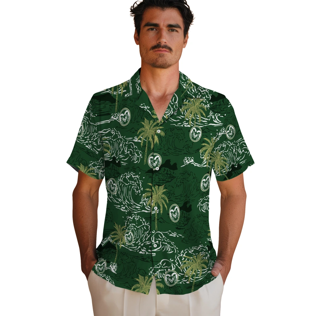 Colorado State Rams Hawaiian Shirt - Wave Palm colorado state rams wave palm green hawaiian shirts fashion forward
