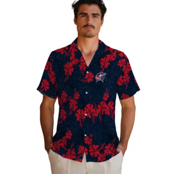 columbus blue jackets hibiscus petals navy blue hawaiian shirts fashion forward