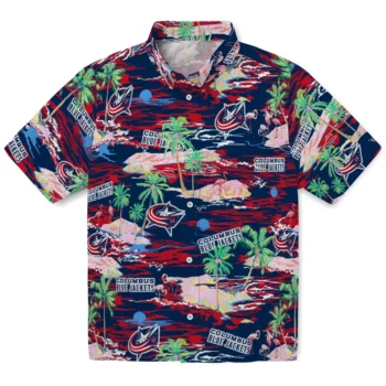 columbus blue jackets flamingo retreat navy blue hawaiian shirts best selling