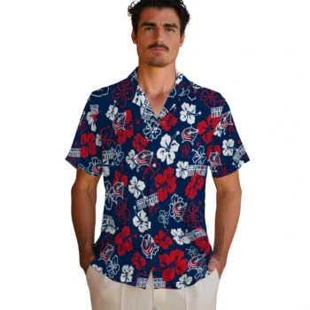 columbus blue jackets hibiscus bloom navy blue hawaiian shirts fashion forward