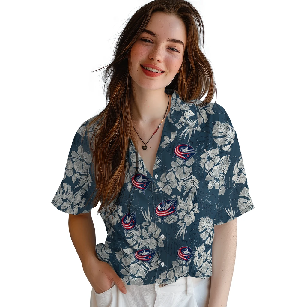 Columbus Blue Jackets Hawaiian Shirt - Hibiscus Flowers columbus blue jackets hibiscus flowers navy blue hawaiian shirts latest model