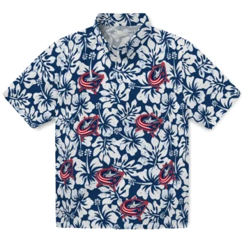 columbus blue jackets hibiscus motif navy blue white hawaiian shirts best selling