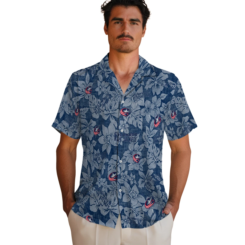 Columbus Blue Jackets Hawaiian Shirt - Hibiscus Oasis columbus blue jackets hibiscus oasis navy blue hawaiian shirts fashion forward