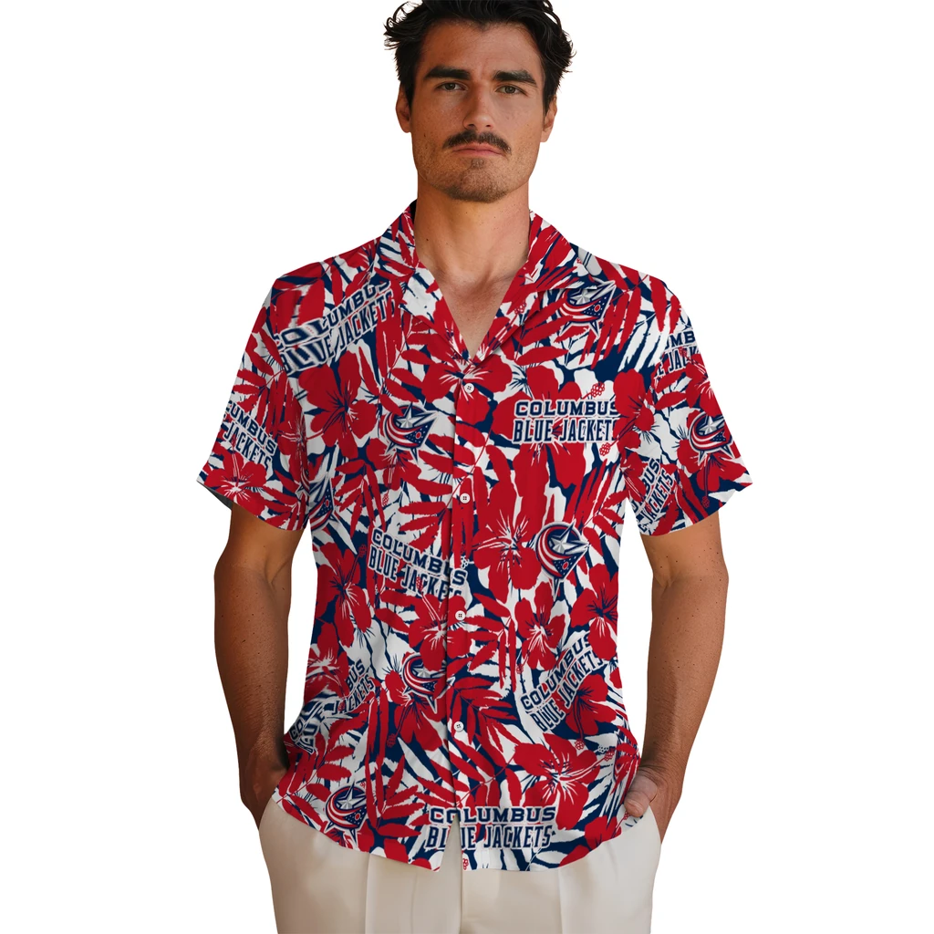 Columbus Blue Jackets Hawaiian Shirt - Hibiscus Overlay columbus blue jackets hibiscus overlay hawaiian shirts fashion forward
