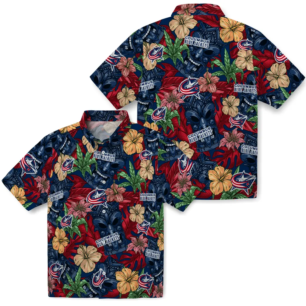 Columbus Blue Jackets Hawaiian Shirt - Hibiscus Tiki Jungle columbus blue jackets tiki jungle navy blue hawaiian shirts high quality