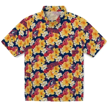 columbus blue jackets hibiscus tropics navy blue yellow hawaiian shirts best selling