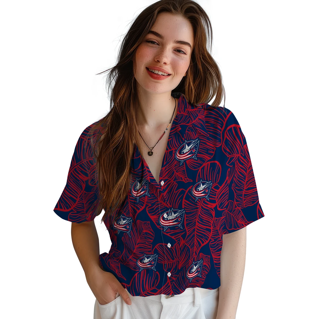 Columbus Blue Jackets Hawaiian Shirt - Leaf Outline columbus blue jackets leaf outline navy blue hawaiian shirts latest model
