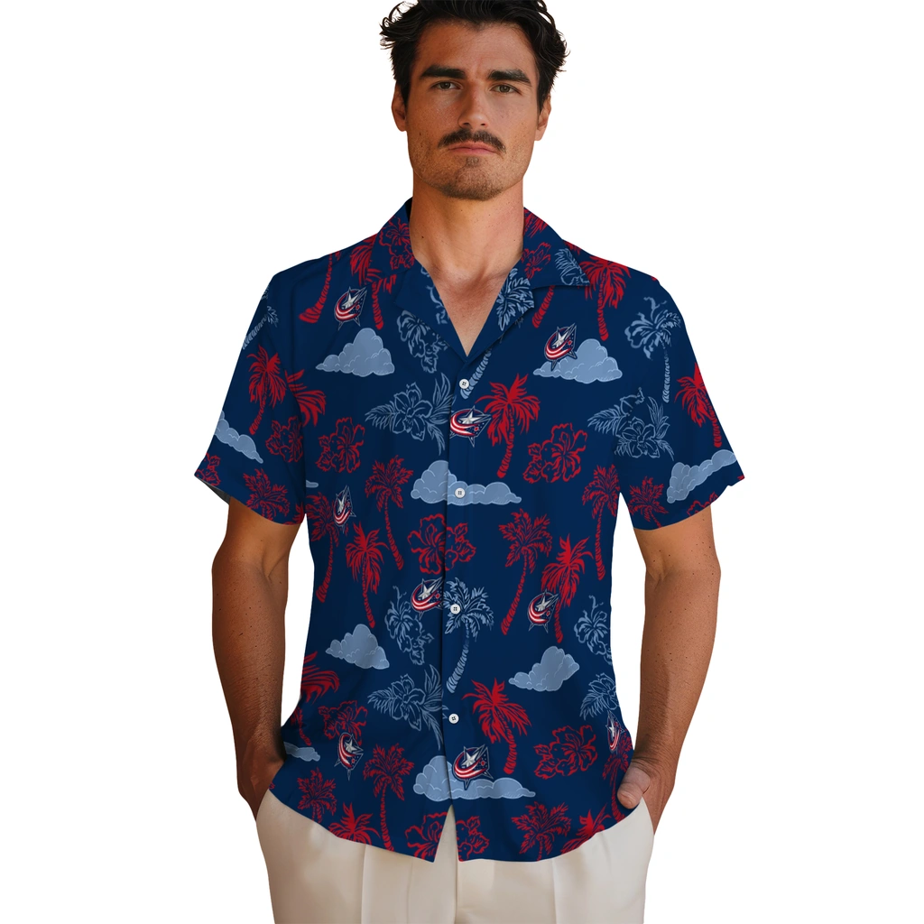 Columbus Blue Jackets Hawaiian Shirt - Palm And Clouds columbus blue jackets palm and clouds navy blue hawaiian shirts fashion forward