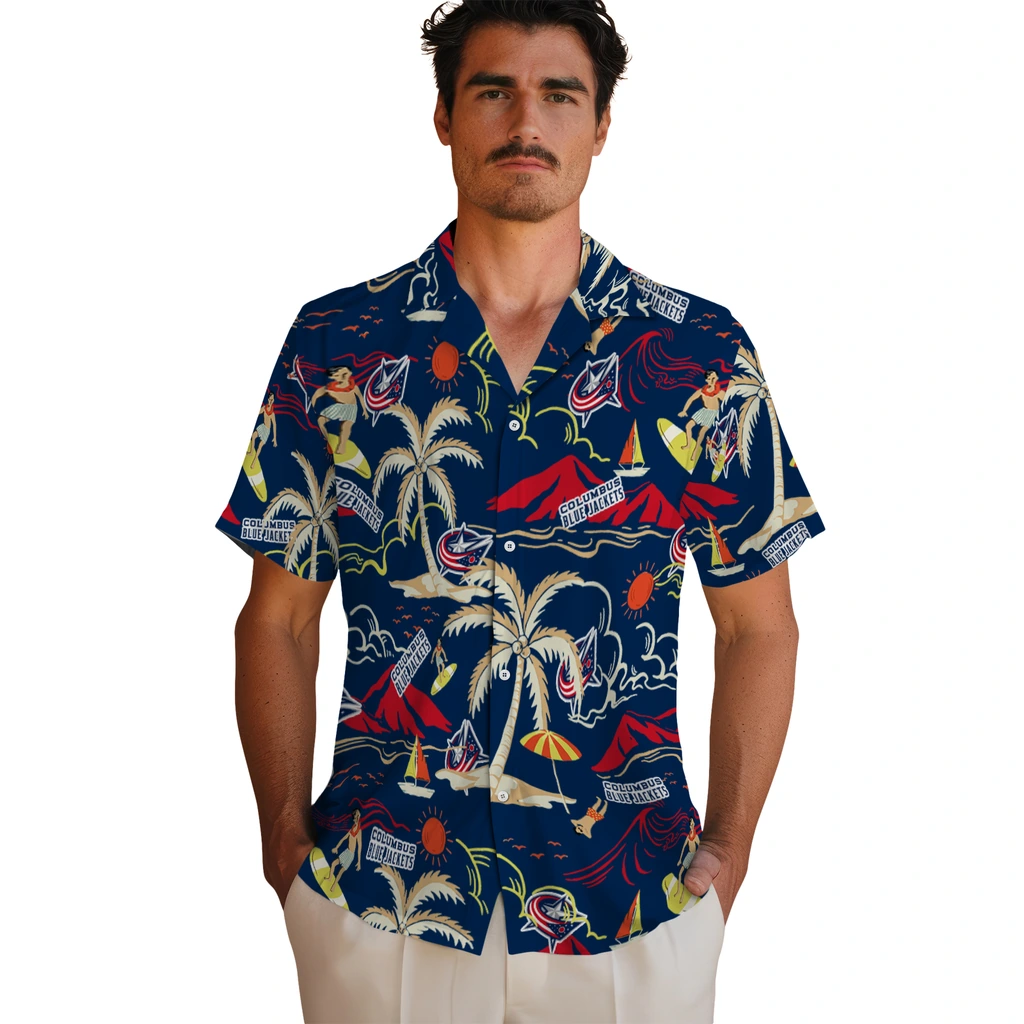 Columbus Blue Jackets Hawaiian Shirt - Palm Tree Island columbus blue jackets palm tree island navy blue hawaiian shirts fashion forward