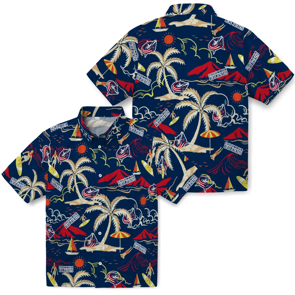 Columbus Blue Jackets Hawaiian Shirt - Palm Tree Island columbus blue jackets palm tree island navy blue hawaiian shirts high quality